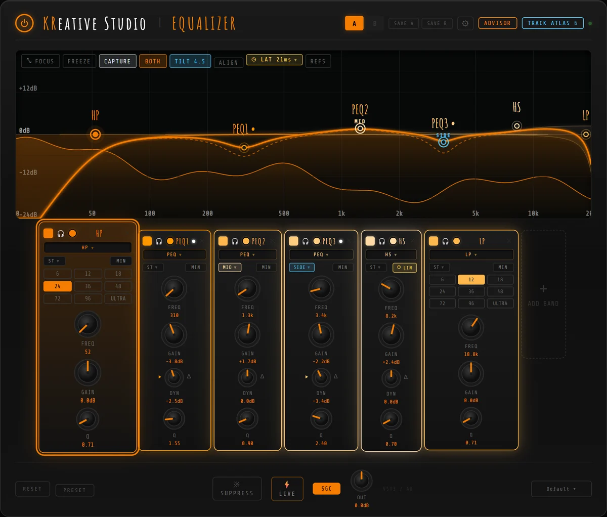 KReative EQ interface with six bands over a live spectrum