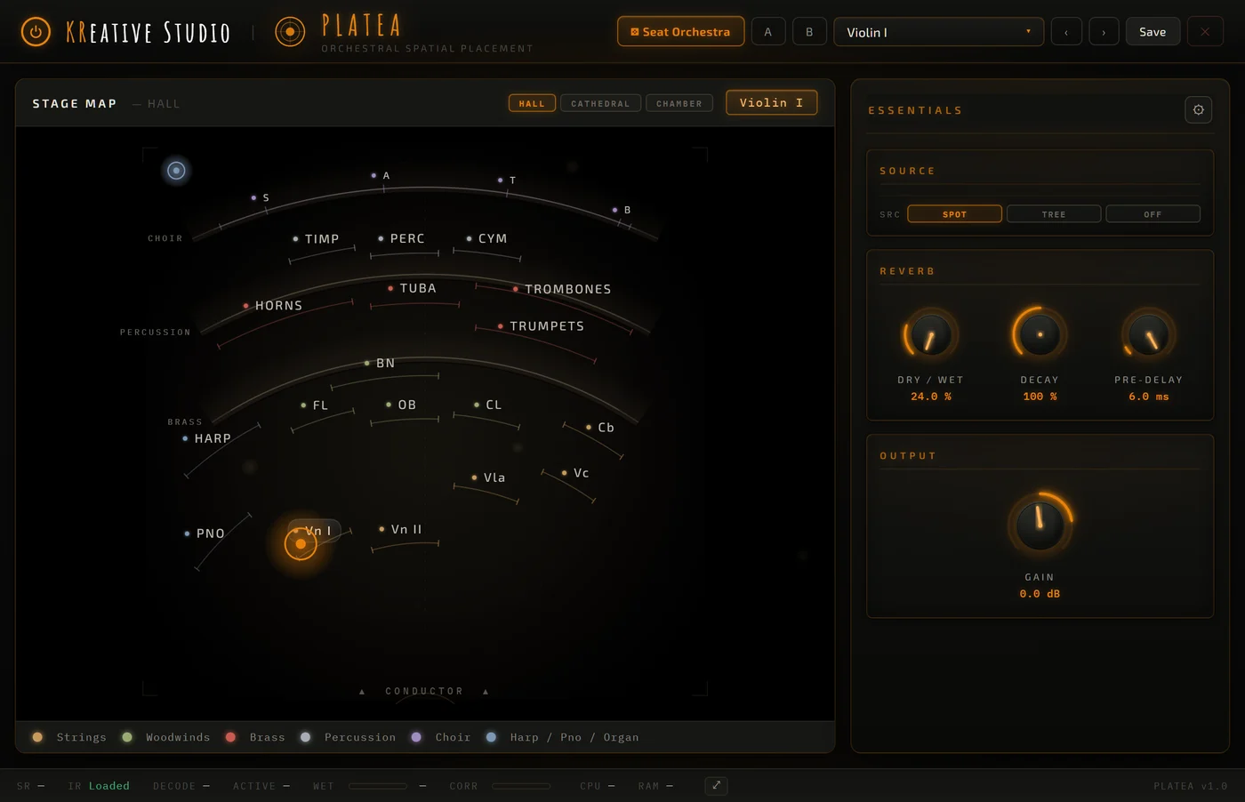 PLATEA stage map with the orchestra seated in a concert hall